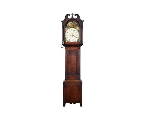 A George III longcase clock, the arch dial with painted Roman numerals and two subsidiary dials for seconds and the date, the