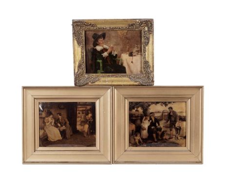 A pair of Victorian crystoleums, illustrating an interior and exterior genre scene respectively, each 19.5 x 24.5cms, in gilt