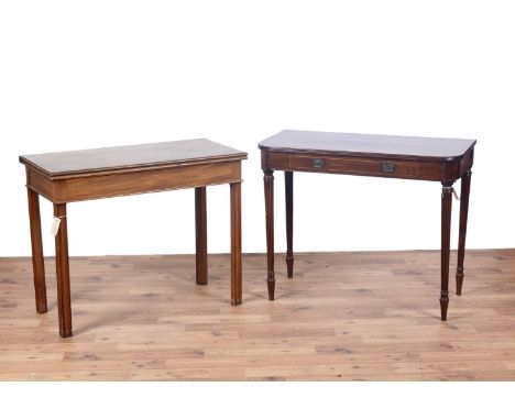 A George III mahogany tea table, with moulded rectangular fold-over top opening onto gate leg support, with moulded legs, 89 