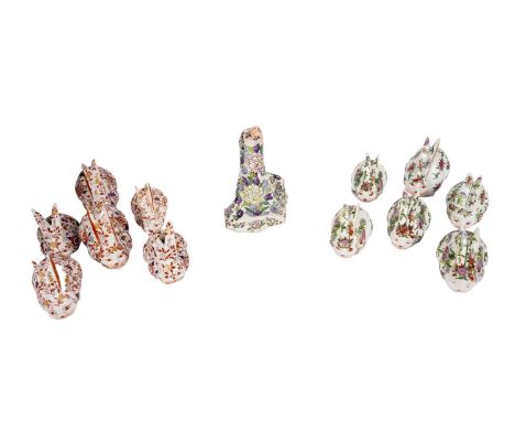A graduated set of six Chinese famille rose ceramic rabbit ornaments, with character marks to underside, the tallest 14cms hi
