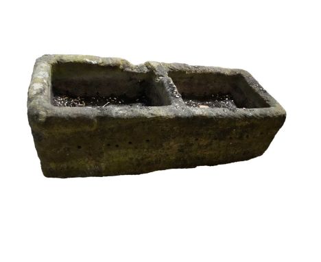 A stone composite trough garden planter, of rectangular form split into two compartments, 120 x 44 x 41cms high.