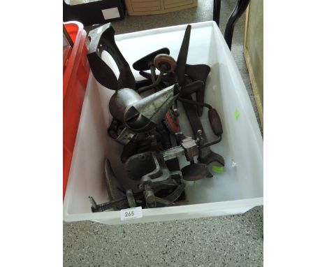 A selection of vintage craftsman and working tools including unusual cobblers last