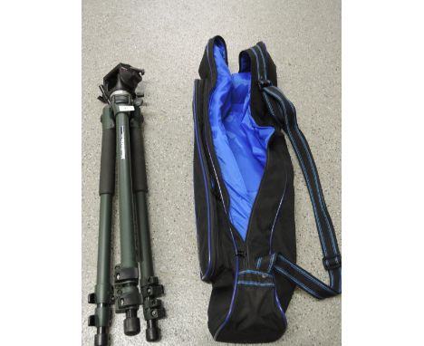 a Manfrotto 701RC2 photographic camera tripod with carry bag