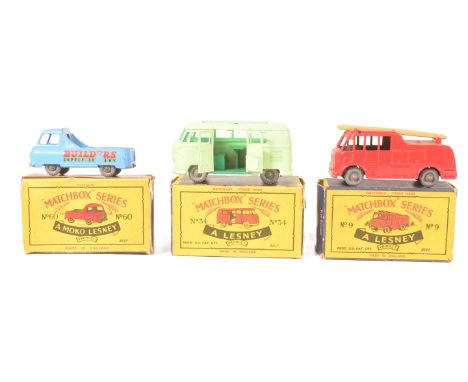 Diecast - x3 original vintage Moko Lesney made diecast models comprising No. 60 Morris Omnitruck, No. 6 Fire Engine and No. 3
