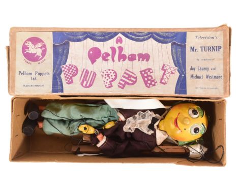 Pelham Puppets - an original vintage Pelham Puppet Marlborough Wilts handmade and painted wooden marionette ' Mr Turnip ' pup