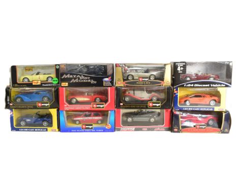 Diecast - a collection of x12 boxed 1/24 scale diecast model cars by makers Burago, Majorette, Motor Max, and Maisto. Example