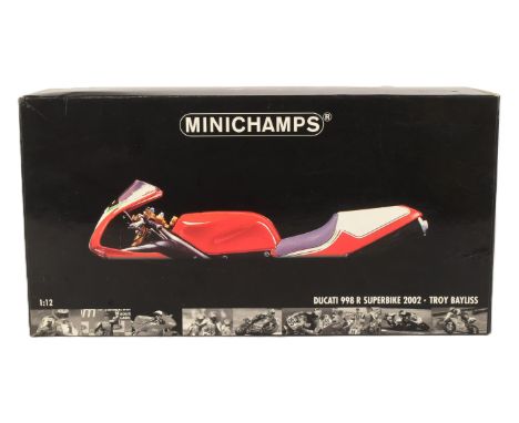Diecast - a boxed Minichamps made 1/12 scale diecast model of a Ducati 998 R Superbike 2002 as driven by Troy Bayliss.