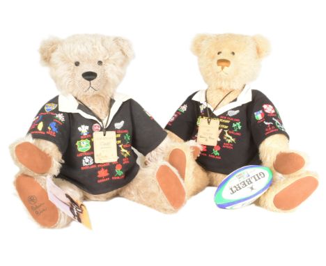 Two Limited Edition Robin Rive made soft toy teddy bears. Each one made to celebrate a Rugby World Cup, 1999 and 2003. The be