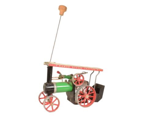 An original vintage Mamod live steam model Steam Tractor TE1A Traction Engine. A green and red model with skuttle, fuel tray 