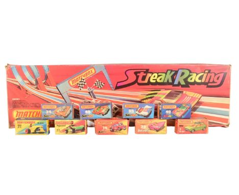 Diecast - a vintage Lesney made Matchbox Streak Racing set together with x9 Superfast diecast model cars to include; Rod Roll
