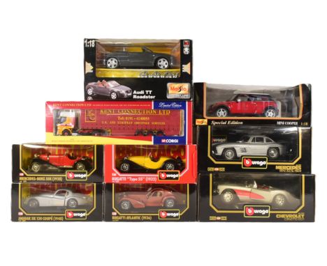 Diecast - a collection of Burago 1/18 and 1/24 scale boxed diecast models to include; Burago Chevrolet Corvette (1957), Bugat