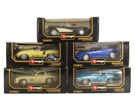 Diecast - a collection of x5 Burago made 1/18 scale diecast model cars to include; Jaguar E Coupe, Bugatti EB10, Chevrolet Co