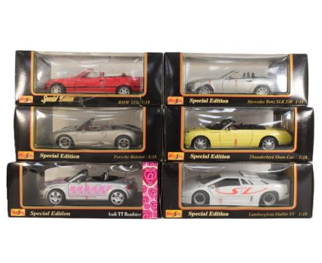 Diecast - a collection of x6 Maisto made 118 scale boxed diecast model cars to include; Audi TT Roadster, Thunderbird Show Ca
