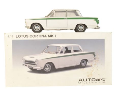 Diecast - a boxed Autoart 1/18 scale diecast model Lotus Cortina MKI. White with green trim. Boxed with inner packaging.