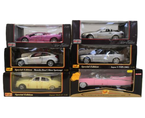 Diecast - a collection of x6 Maisto 1/18 scale diecast model cars to include; Cadillac Eldorado Biarritz, Jaguar MK II, Merce