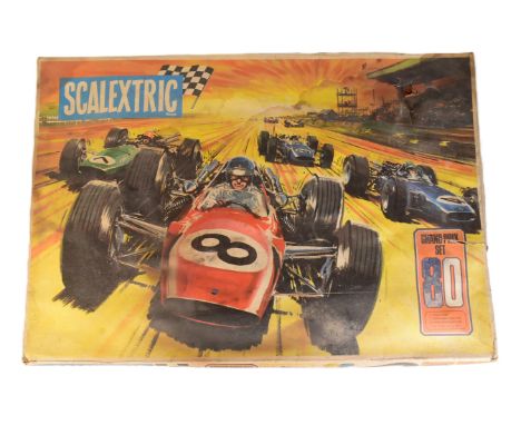 Scalextric - an original vintage Triang Scalextric slot car racing Grand Prix set 80. The set containing x4 Formula race cars