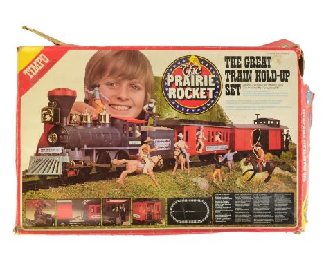 The Prairie Rocket - a vintage Timpo O gauge model railway locomotive trainset ' The Great Train Hold-Up Set '. The battery o