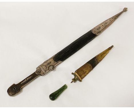 TWO DAGGERS - 1 A/FThe larger blade is approximately 35.5 cms in length and the scabbard is 44.5 cms in length. The small bla