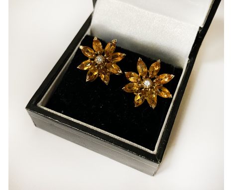 PAIR OF ASPREY 18CT GOLD DIAMOND & CITRINE EARRINGS - 1 BACK MISSING 6.8 GRAMS APPROXThere are 2 clasps but one is not origin