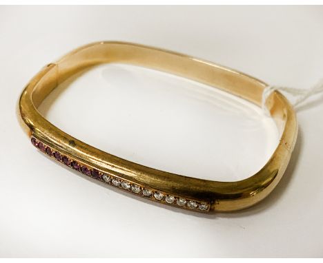 14CT GOLD DIAMOND &amp; RUBY RECTANGULAR BANGLE - APPROX 13 GRAMS