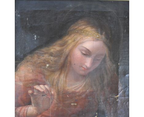 Old Master school or similar oil on canvas woman in a crown or similar head dress sewing, with label verso indistinctly marke