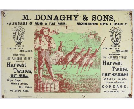 Advertising plaque for M Donaghy &amp; Sons, Harvest Twine, Finest New Zealand Manila Rope, 45 x 30cm