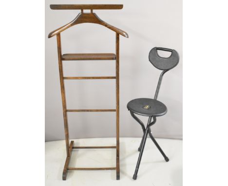 Suit or trouser stand with 'Squadron Leader' engraved plaque together with a 'Bisley' shooting stool, tallest 107cm