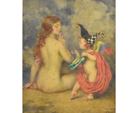 Eleanor Fortescue-Brickdale (1872-1945) watercolour Pre-Raphaelite style study of a nude lady seated with a winged cherub wea