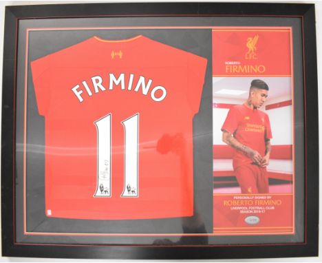 Roberto Firmino Liverpool FC, season 2016-17 signed number 11 shirt, limited number 21 of 25, mounted alongside a colour phot