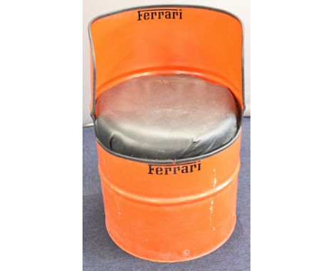 Novelty Ferrari branded seat or chair formed from an oil drum, height 87.5cm, diameter 57cm