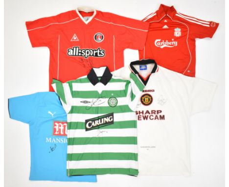 Group of five shirts comprising Liverpool F.C. signed replica shirt 2006 Number 9 autographed by Robbie Fowler, replica Charl
