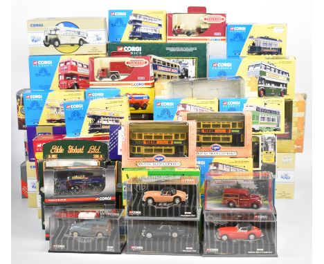 Fifty mostly Corgi diecast model car, buses and trams to include Original Omnibus, Dibnah's Choice, Tramlines, Classics, The 