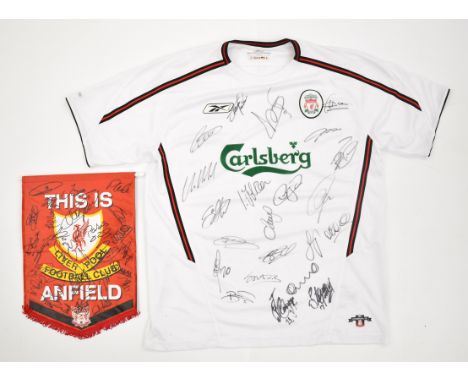 Liverpool F.C. replica football shirt 2003 signed by twenty two players and including autographs by Milan Baros, Steven Gerra