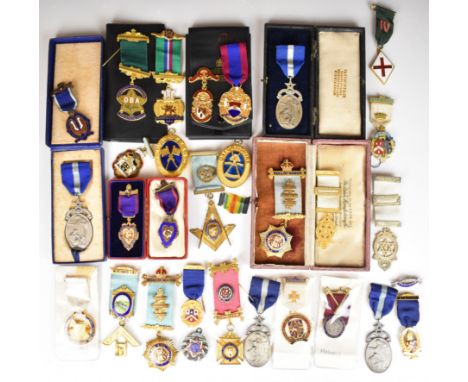 Collection of thirty enamelled, gilt and silver Masonic and similar medals including 1944 enamelled medal to Francis Higgins 