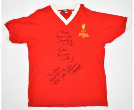 Liverpool F.C. signed replica 1977 European Cup Winners football shirt autographed by four players each adding his own person
