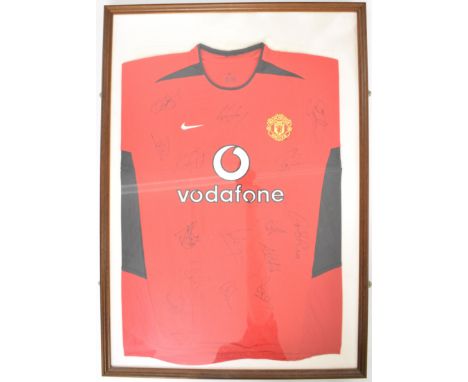 [Signed Sporting Memorabilia] Manchester United framed replica home shirt multi signed by fifteen members of the team includi