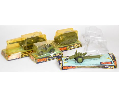 Four Dinky Toys diecast model military vehicles comprising Commando Jeep 612, Scorpion Tank 690, Leopard Tank 692 and US 105 
