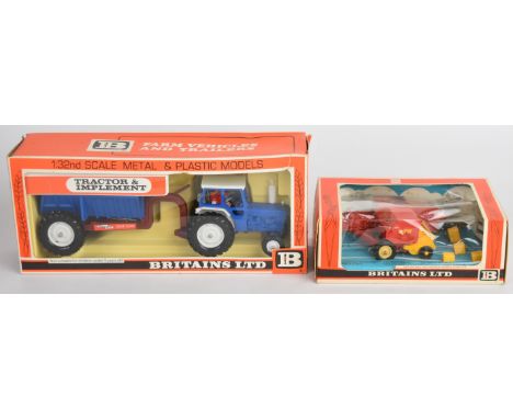 Two Britains diecast metal and plastic farm vehicles comprising Ford Tractor and Rear Dump 9630 and Sperry New Holland Hay Ba