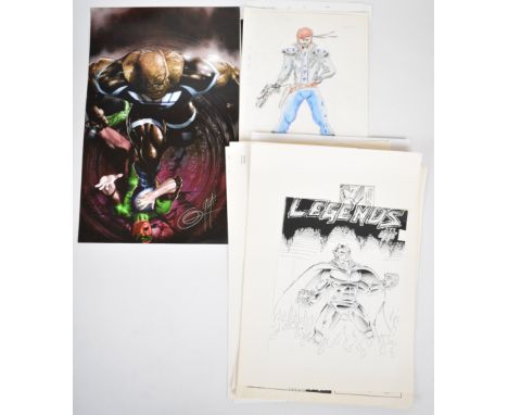 A collection of Marvel and DC comic book storyboard prints and original artist sketches, with work by John Bryne, Kurt Shaffe