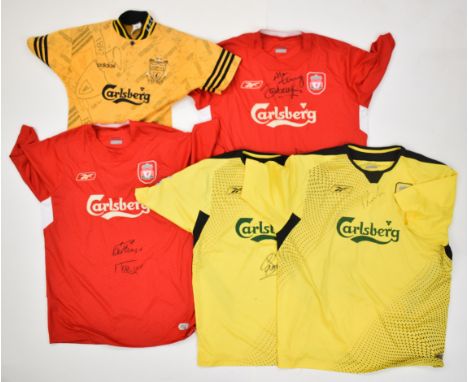Liverpool F.C. signed replica away shirt 2004 with number 9 Djibril Cisse autograph, together with three other signed replica