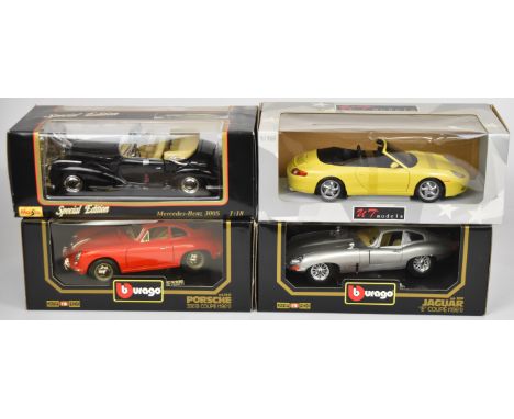Four 1:18 scale diecast model sports cars by Maisto, Bburago and UT Models comprising Porsche 996 Cabriolet, Porsche 356 B Co