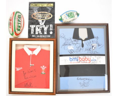 Welsh Rugby Union Cardiff Blues replica signed shirt with approximately twenty autographs, in box frame, a signed and framed 