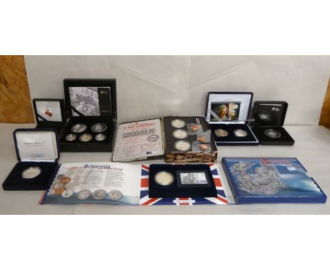 Silver proof collector's coins: to include The Britannia Two pound and stamp set