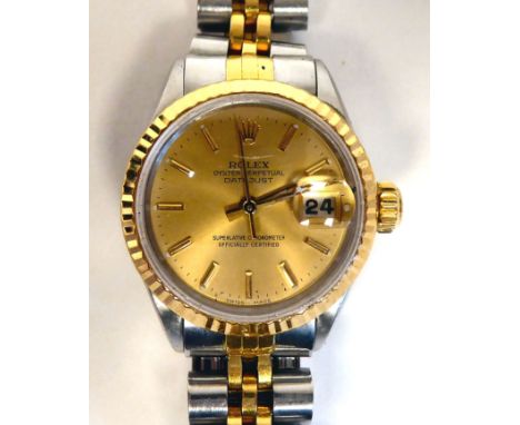 A lady's Rolex Oyster Datejust bi-coloured, stainless steel bracelet Superlitive Chronometer wristwatch, faced by a gilded ba