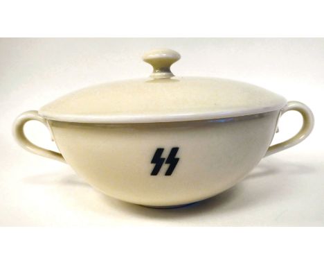 A German Nazi SS Allach twin handled, white porcelain bowl and lid with a knop and emblem&nbsp; 5.75"dia (Please Note: this l