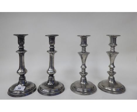 Two pairs of similar 19thC pewter candlesticks, incorporating vase shape sockets, ring knopped and bulbous stems&nbsp; 8.5" &