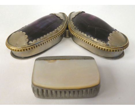 An early 20thC double snuff box, in alloy and mussel shells; and a contemporary vesta case snuff box with a mother-of-pearl c