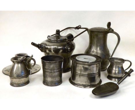 18th/19thC pewter artefacts: to include a range kettle with an animals head spout; and a pewter inkwell with a rotating domed