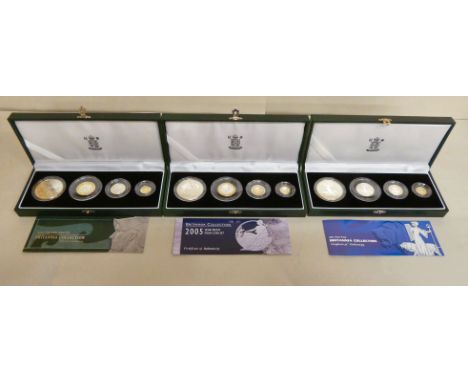 Three Britannia collection silver proof coin sets, 2001, 2005 and 2003