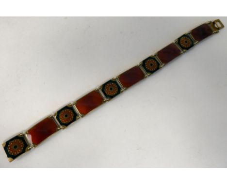A David Anderson Sterling silver gilt and coloured enamel, tablet link bracelet, incorporating alternating stylised rosettes